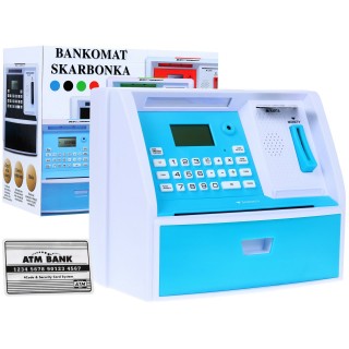 Bankomat s kartou pokladnička Piggy Bank pro děti 3+ modré interaktivní funkce + režim šetření