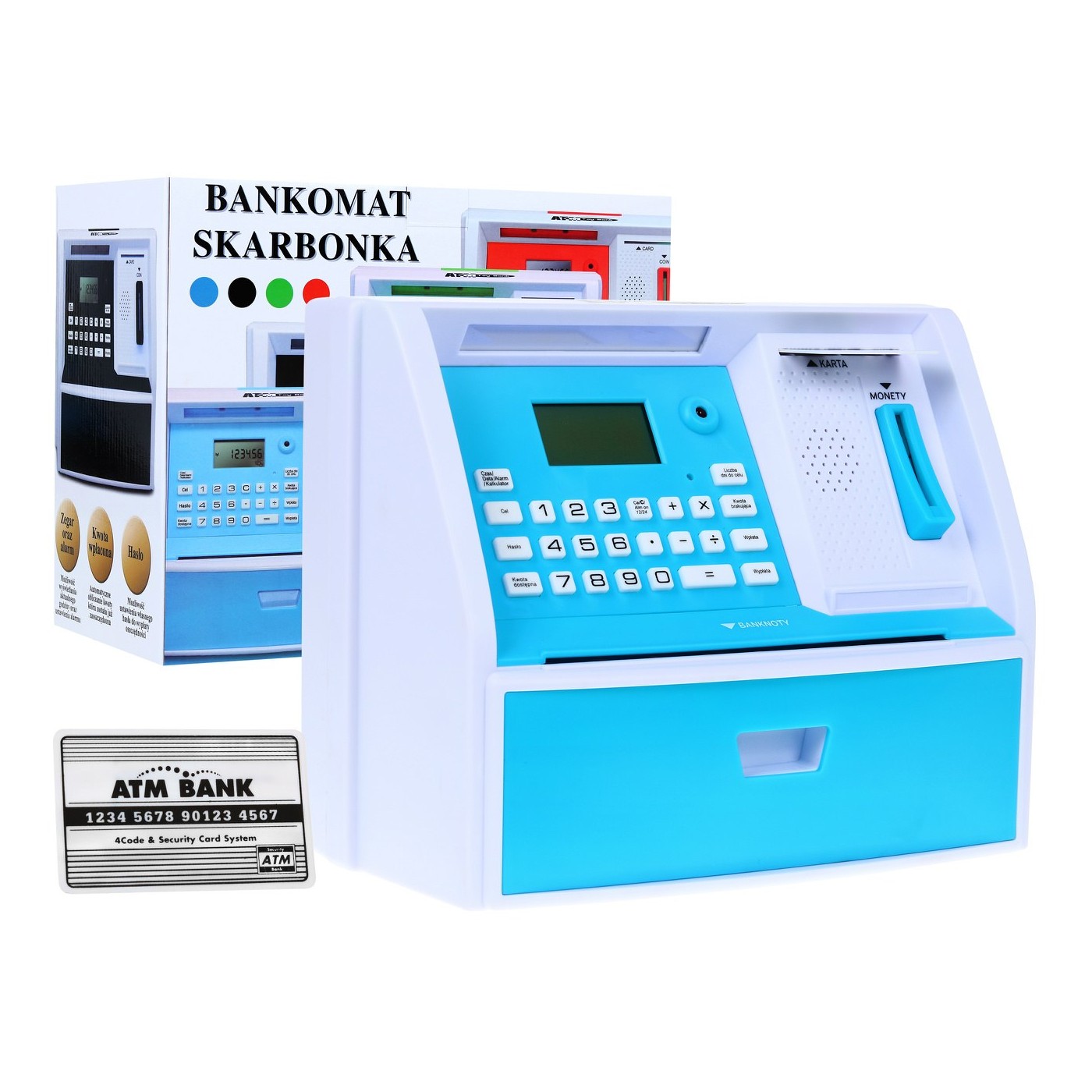 Bankomat s kartou pokladnička Piggy Bank pro děti 3+ modré interaktivní funkce + režim šetření