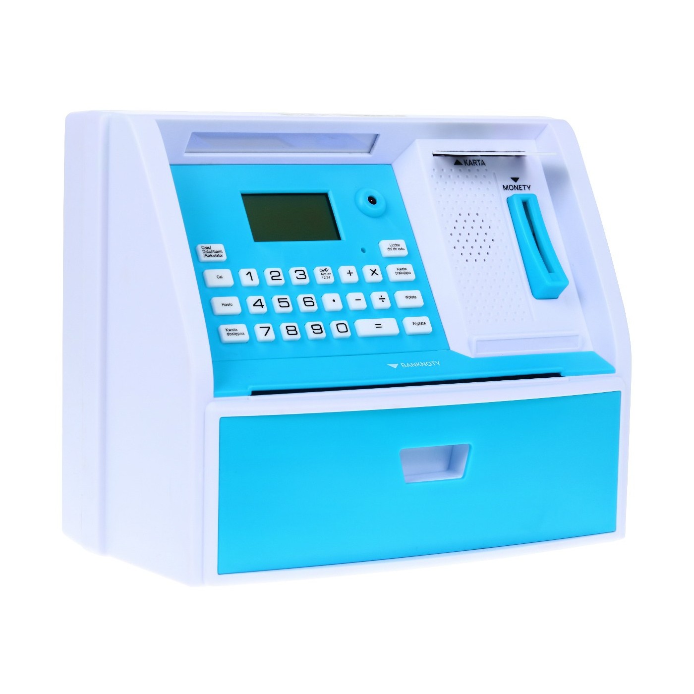 Bankomat s kartou pokladnička Piggy Bank pro děti 3+ modré interaktivní funkce + režim šetření