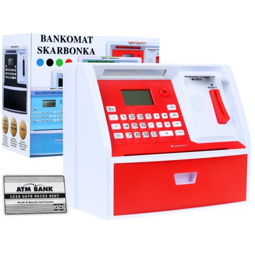 Bankomat s kartou pokladnička Piggy Bank pro děti 3+ červené interaktivní funkce + režim šetření