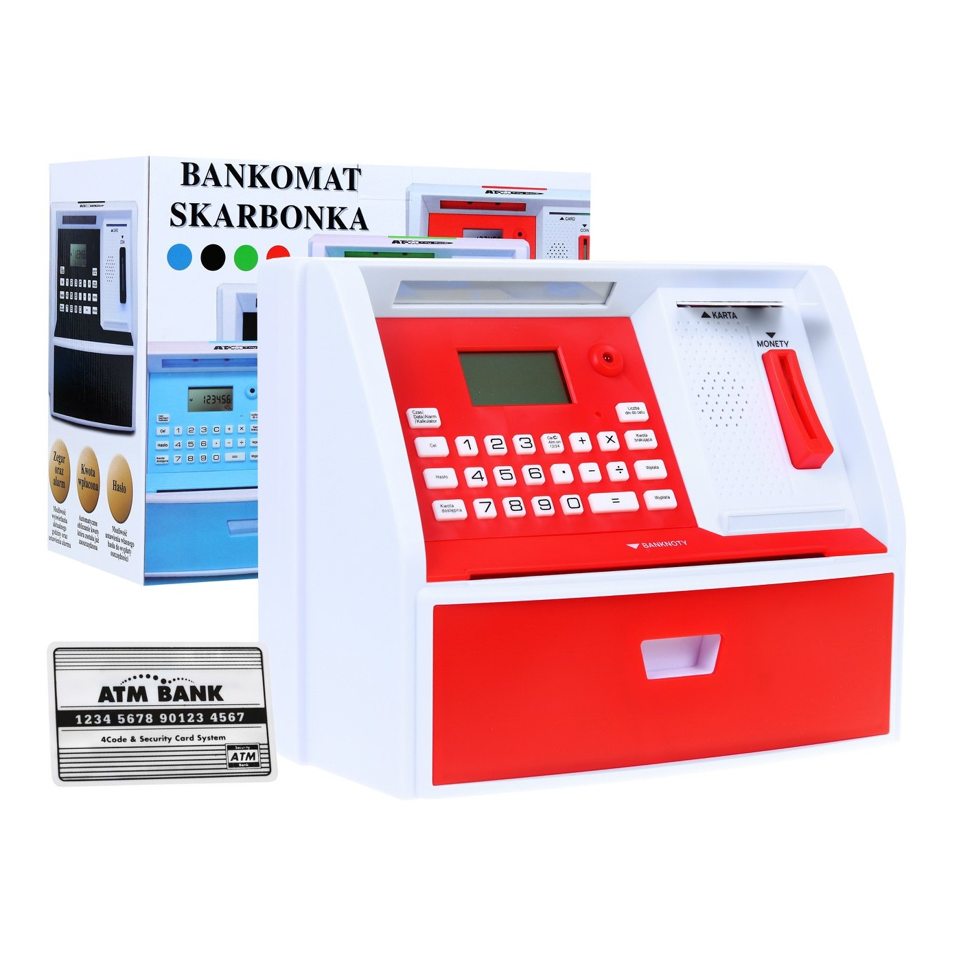 Bankomat s kartou pokladnička Piggy Bank pro děti 3+ červené interaktivní funkce + režim šetření
