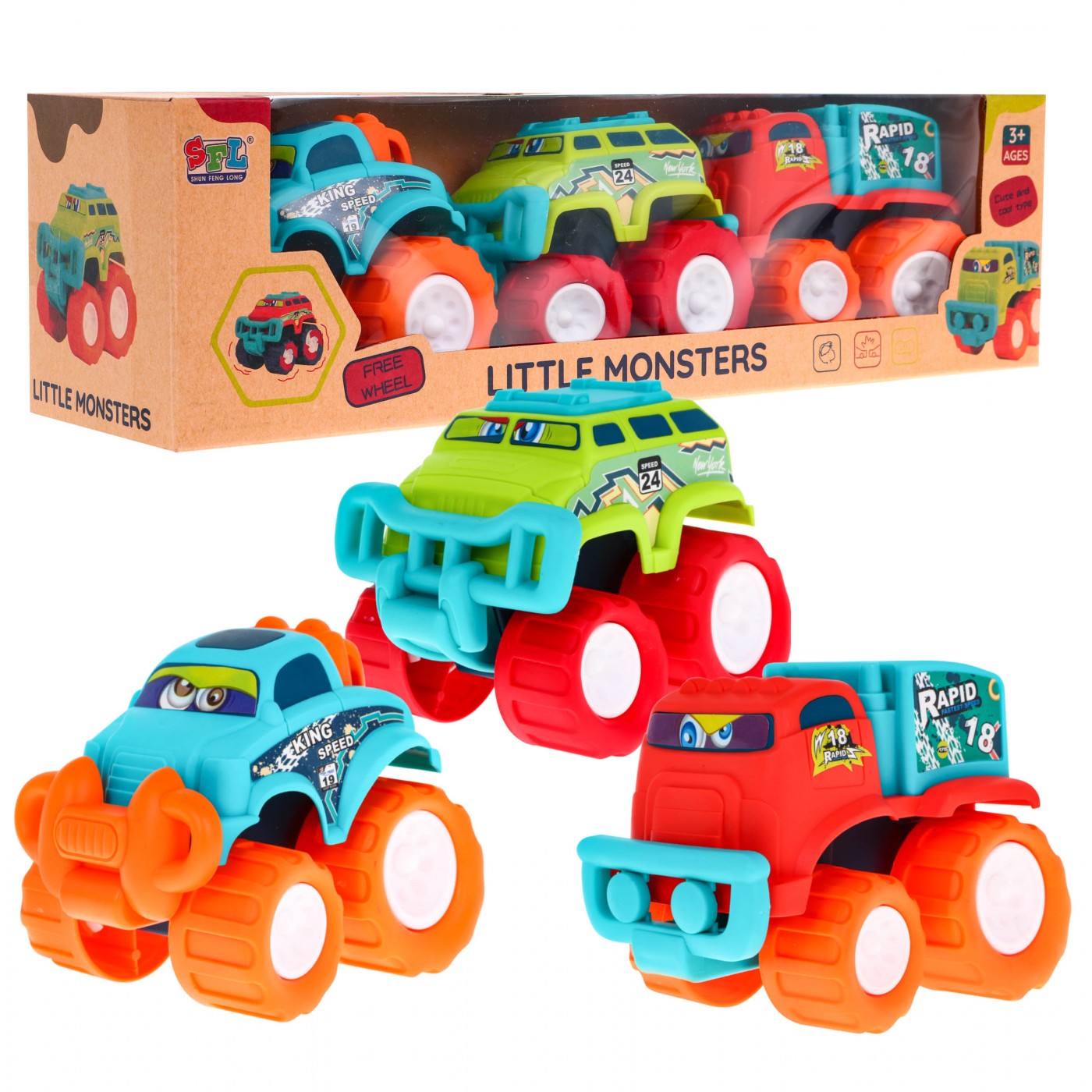 Sada 3 terénních aut Little Monster pro děti 3+ na baterie + velká kola
