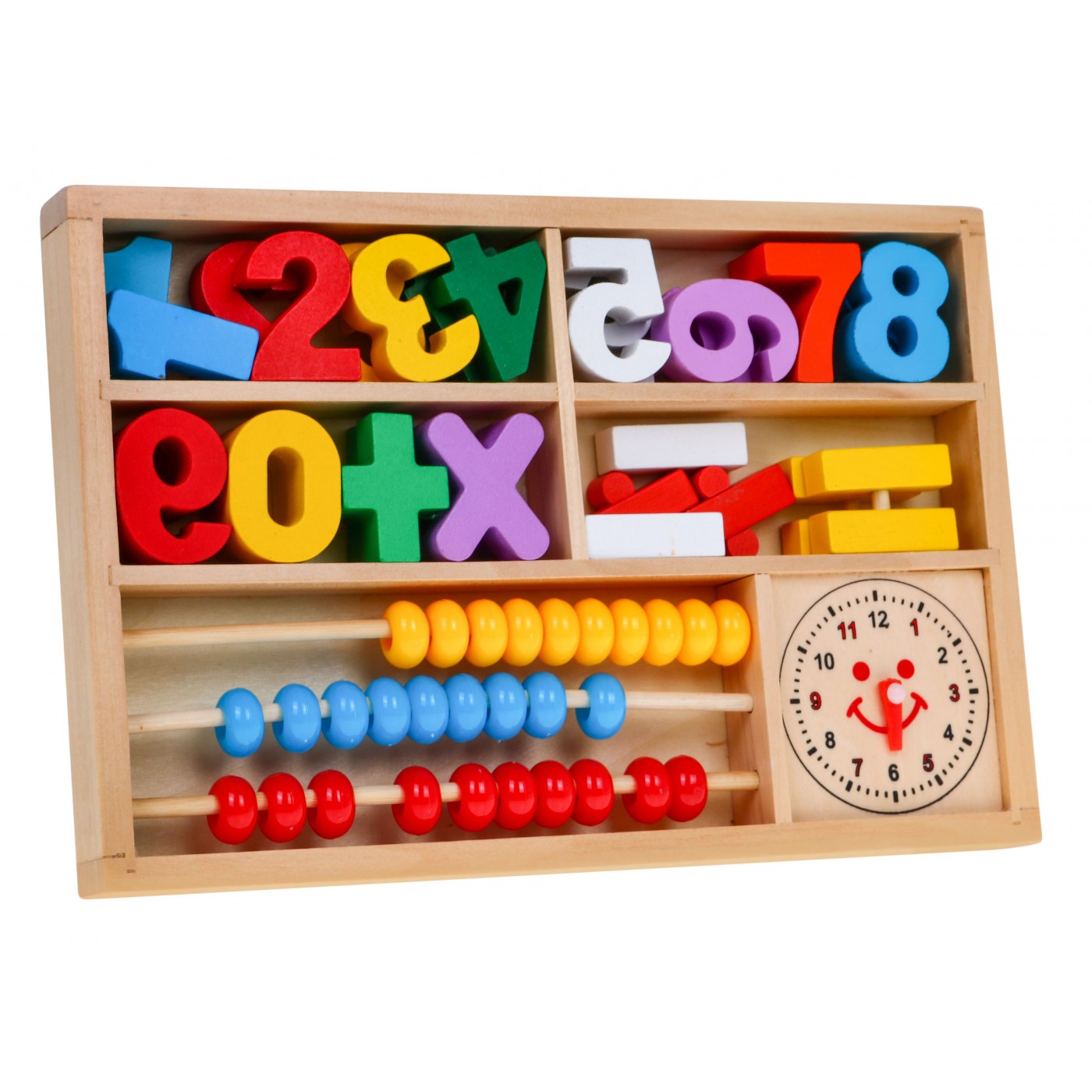 Dřevěná vzdělávací sada 3v1 pro děti 3+ Učení matematiky a hodiny