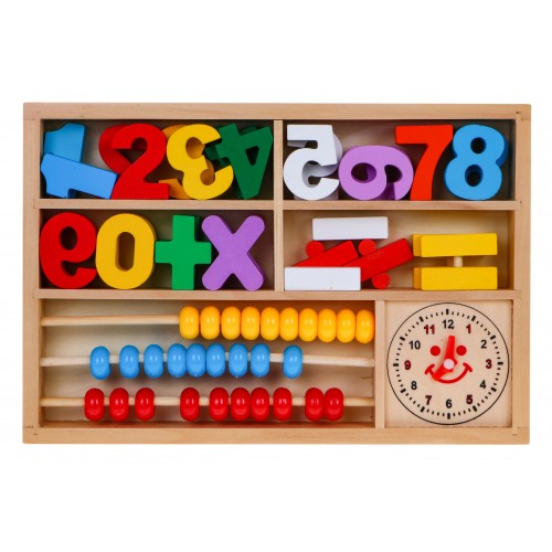 Dřevěná vzdělávací sada 3v1 pro děti 3+ Učení matematiky a hodiny
