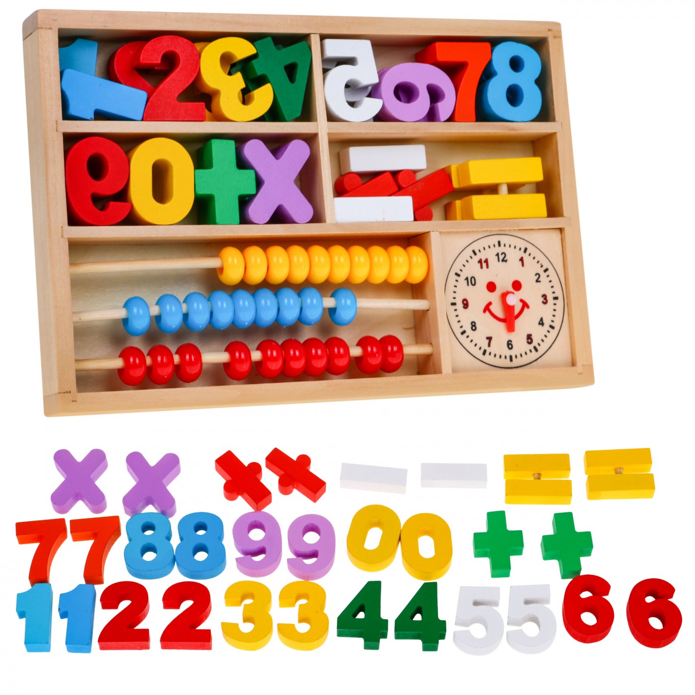 Dřevěná vzdělávací sada 3v1 pro děti 3+ Učení matematiky a hodiny