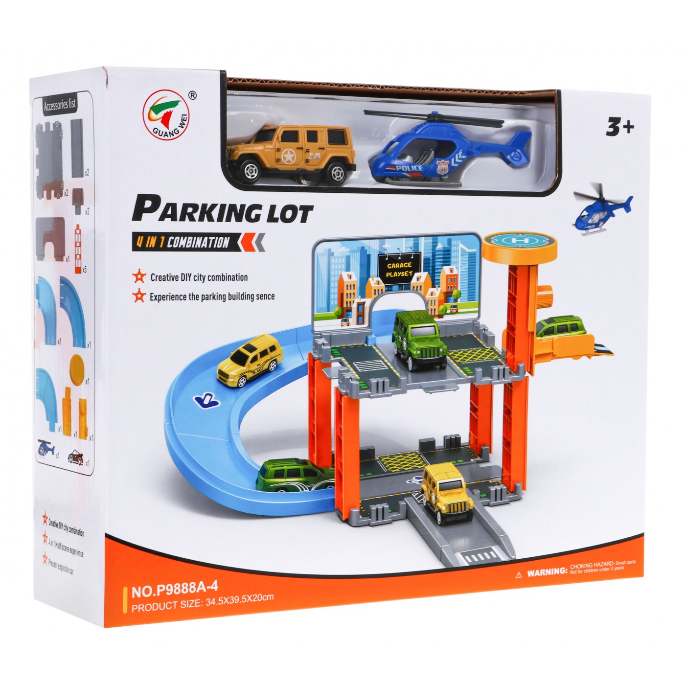 3-podlažní parkoviště pro děti 3+ auto vrtulník + výtah skluzavka