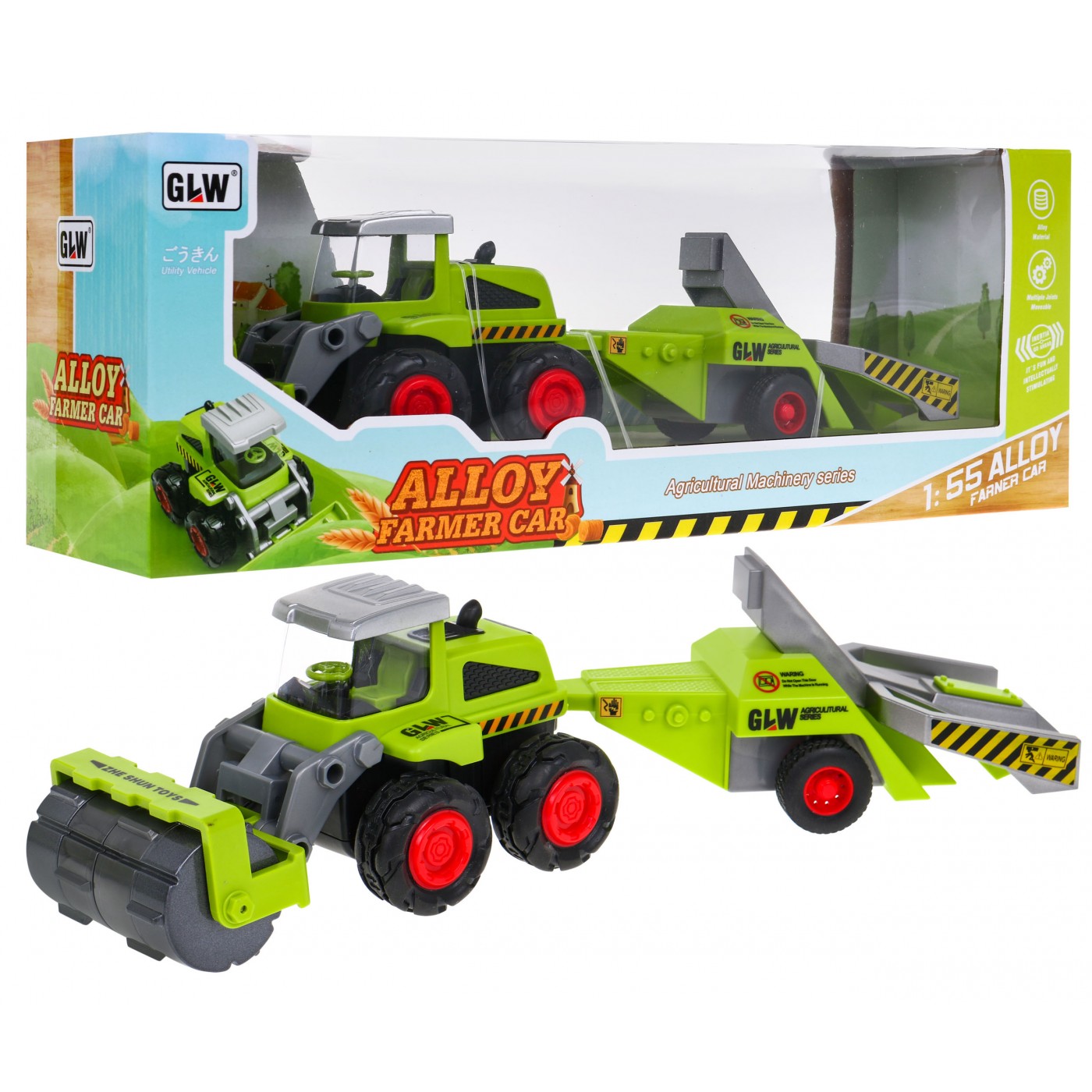 Zemědělský válec pro děti 1:55 Válcový traktor na zpracování půdy + přívěs na sadu