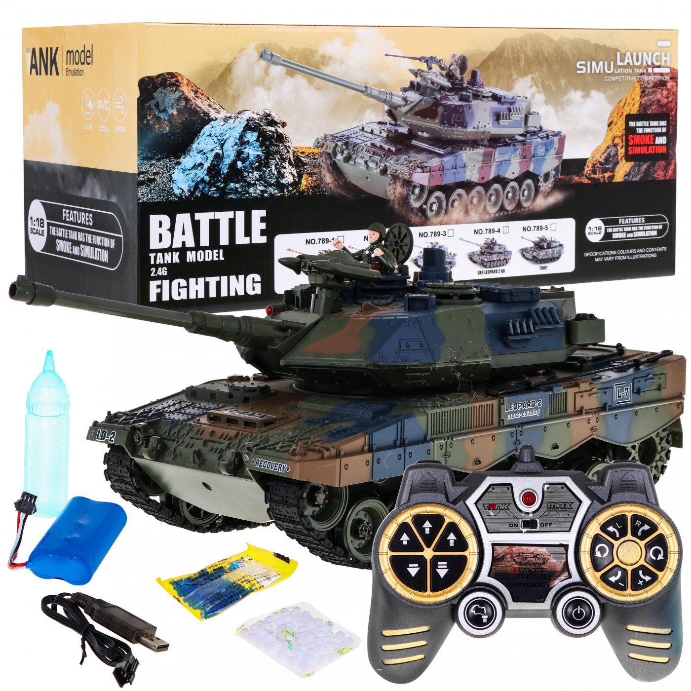 Dálkové ovládání Leopard 2A6 Dětská 3 Nádrž + Zelená 1:18 Kouřová funkce + 2,4 GHz Dálkové ovládání + Příslušenství