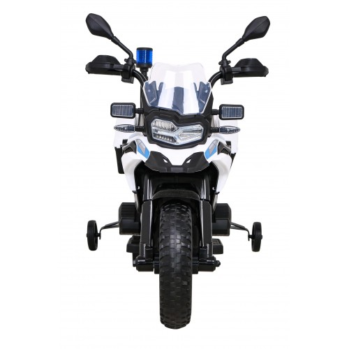 Policejní motor BMW F850 GS na baterii pro děti Pomocná kola Světla sirény 2 kufry Pomalý start
