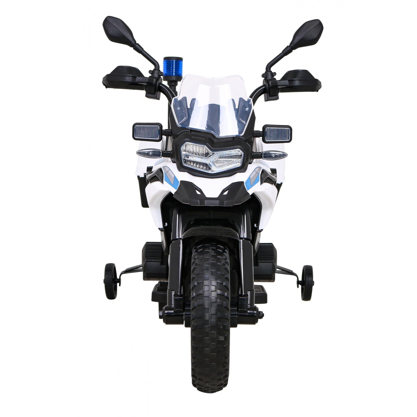 Policejní motor BMW F850 GS na baterii pro děti Pomocná kola Světla sirény 2 kufry Pomalý start