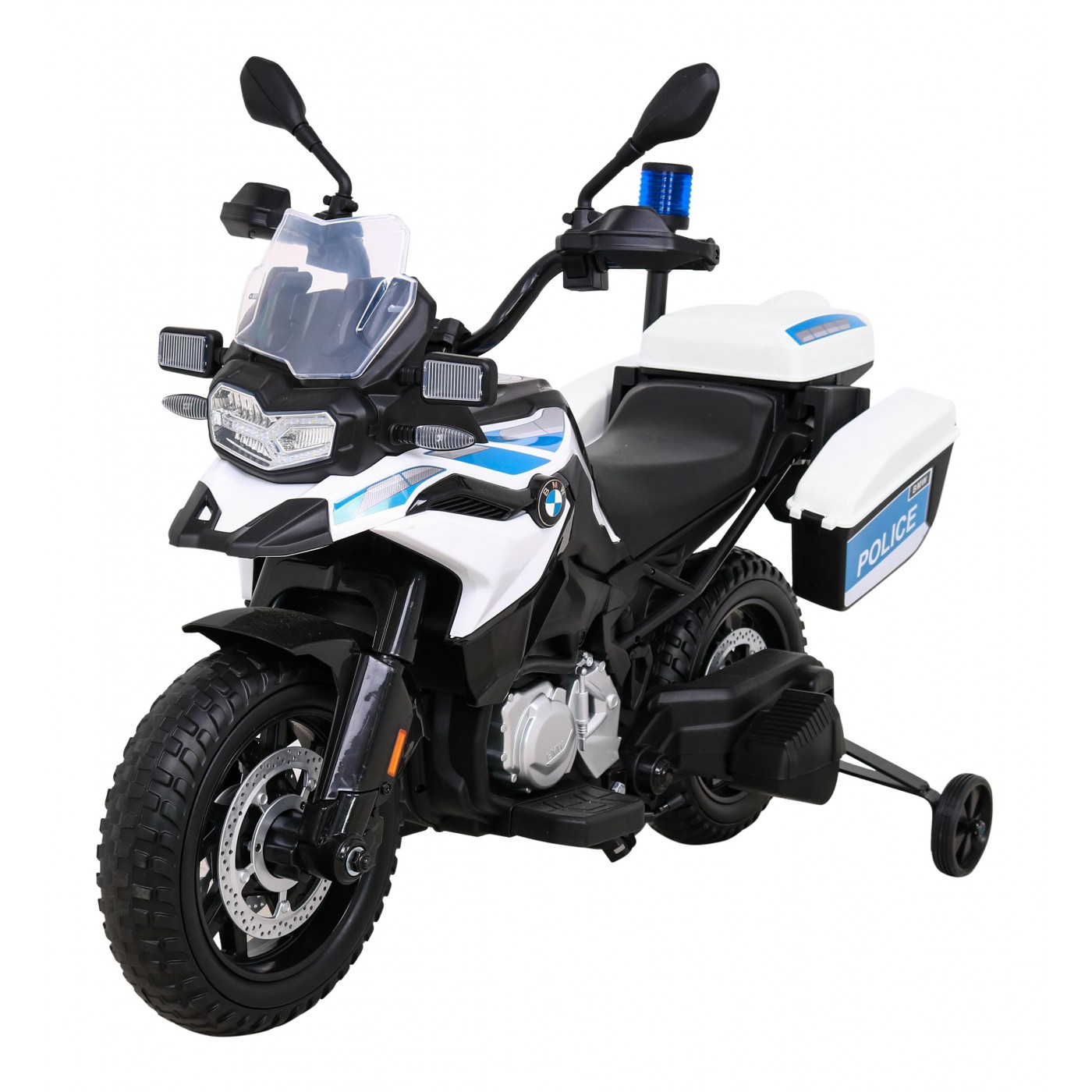Policejní motor BMW F850 GS na baterii pro děti Pomocná kola Světla sirény 2 kufry Pomalý start