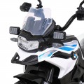Policejní motor BMW F850 GS na baterii pro děti Pomocná kola Světla sirény 2 kufry Pomalý start