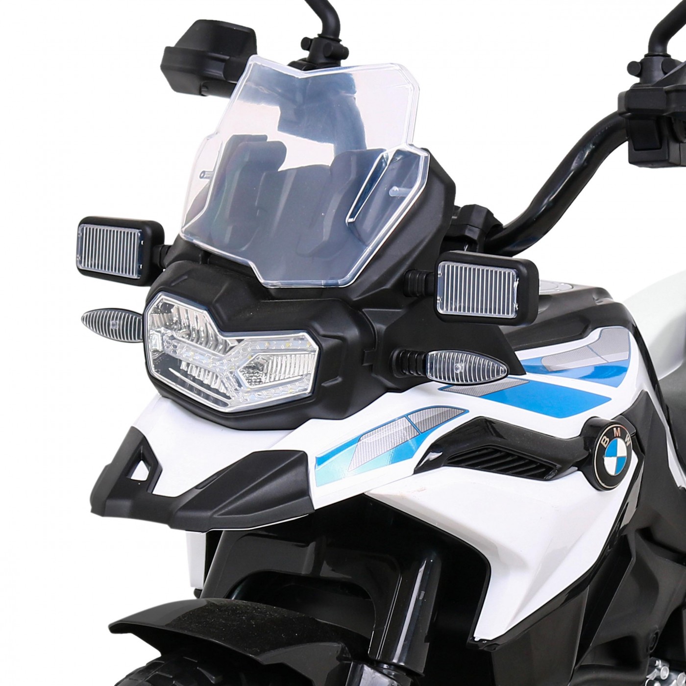Policejní motor BMW F850 GS na baterii pro děti Pomocná kola Světla sirény 2 kufry Pomalý start