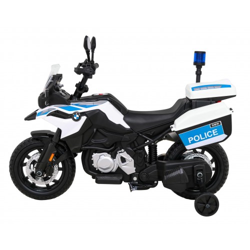 Policejní motor BMW F850 GS na baterii pro děti Pomocná kola Světla sirény 2 kufry Pomalý start