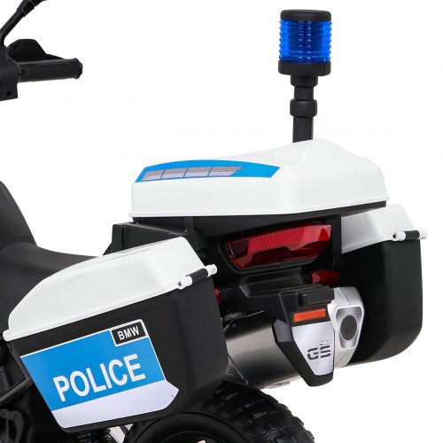 Policejní motor BMW F850 GS na baterii pro děti Pomocná kola Světla sirény 2 kufry Pomalý start
