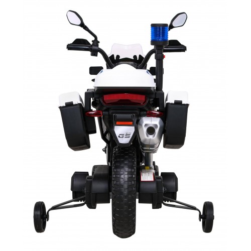 Policejní motor BMW F850 GS na baterii pro děti Pomocná kola Světla sirény 2 kufry Pomalý start