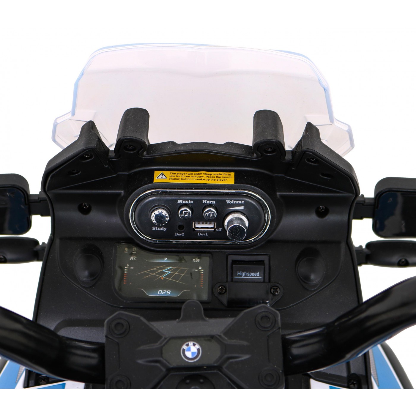Policejní motor BMW F850 GS na baterii pro děti Pomocná kola Světla sirény 2 kufry Pomalý start