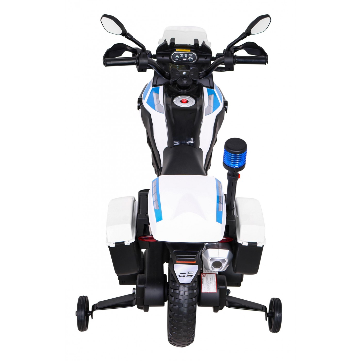 Policejní motor BMW F850 GS na baterii pro děti Pomocná kola Světla sirény 2 kufry Pomalý start