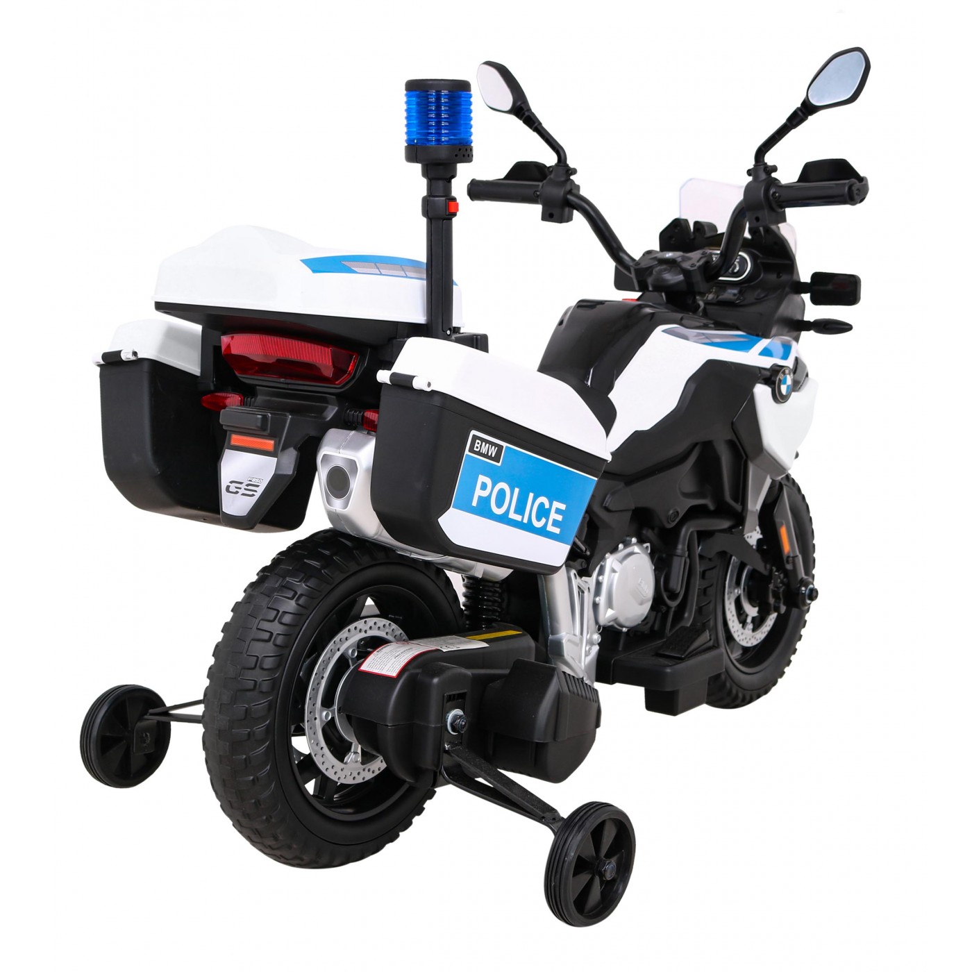 Policejní motor BMW F850 GS na baterii pro děti Pomocná kola Světla sirény 2 kufry Pomalý start