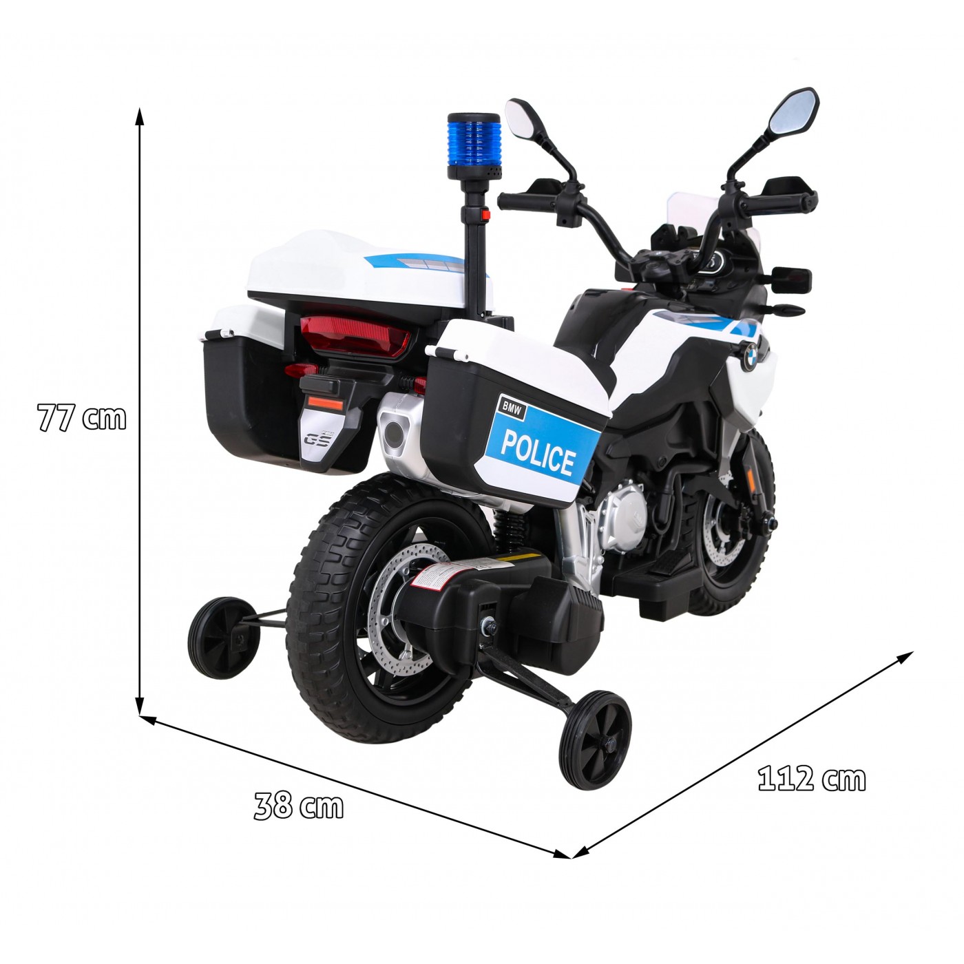 Policejní motor BMW F850 GS na baterii pro děti Pomocná kola Světla sirény 2 kufry Pomalý start