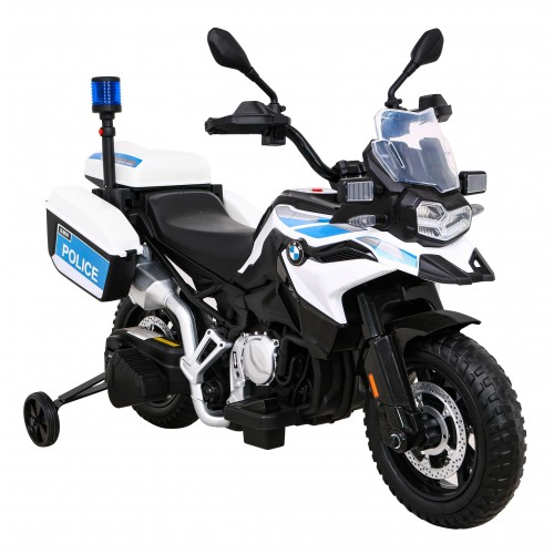 Policejní motor BMW F850 GS na baterii pro děti Pomocná kola Světla sirény 2 kufry Pomalý start