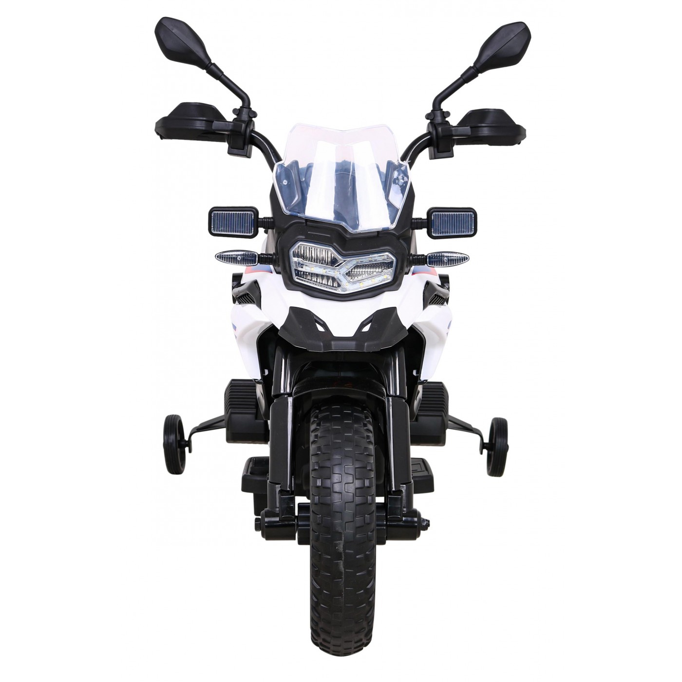 Dětský bateriový motor BMW F850 GS bílá + přídavná kola + audio LED + pomalý start + EVA