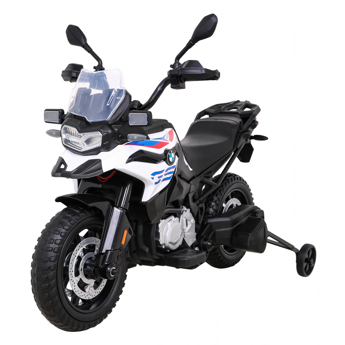Dětský bateriový motor BMW F850 GS bílá + přídavná kola + audio LED + pomalý start + EVA