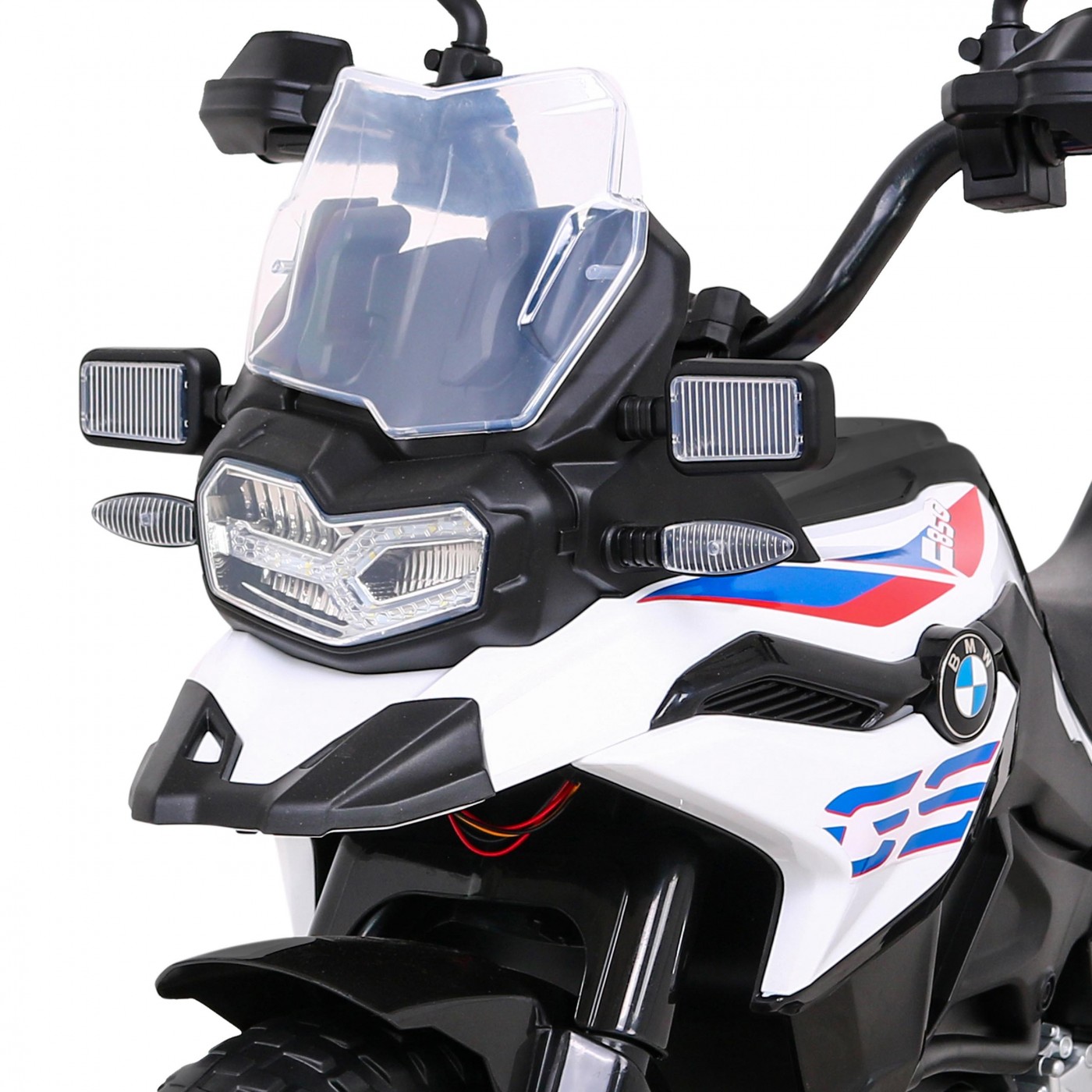Dětský bateriový motor BMW F850 GS bílá + přídavná kola + audio LED + pomalý start + EVA