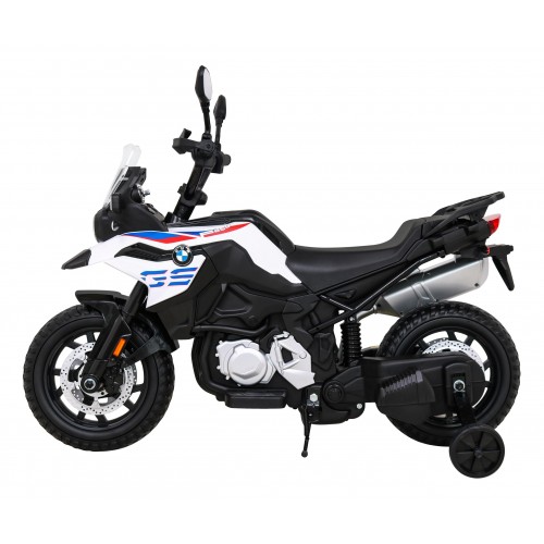 Dětský bateriový motor BMW F850 GS bílá + přídavná kola + audio LED + pomalý start + EVA