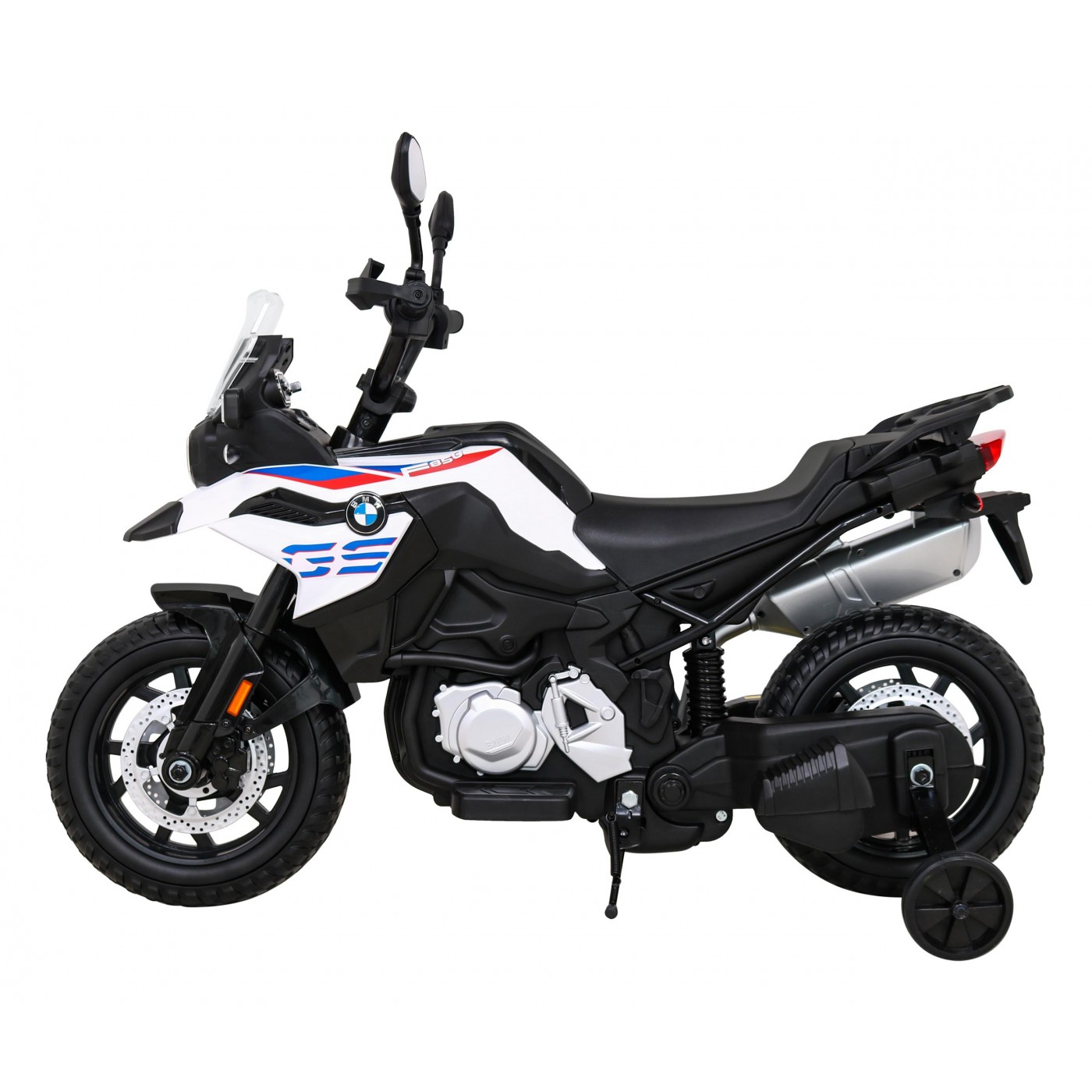 Dětský bateriový motor BMW F850 GS bílá + přídavná kola + audio LED + pomalý start + EVA