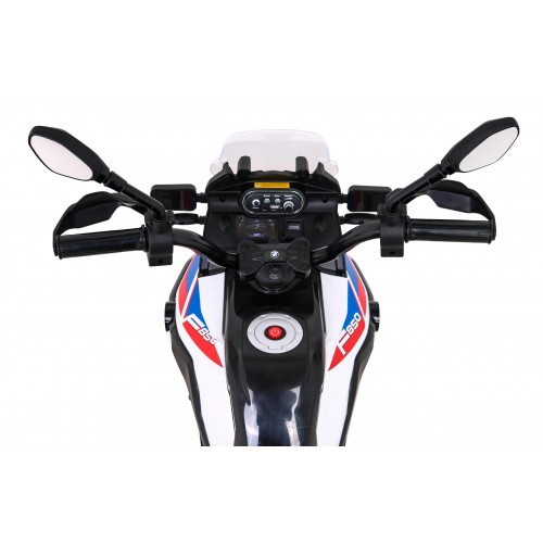 Dětský bateriový motor BMW F850 GS bílá + přídavná kola + audio LED + pomalý start + EVA