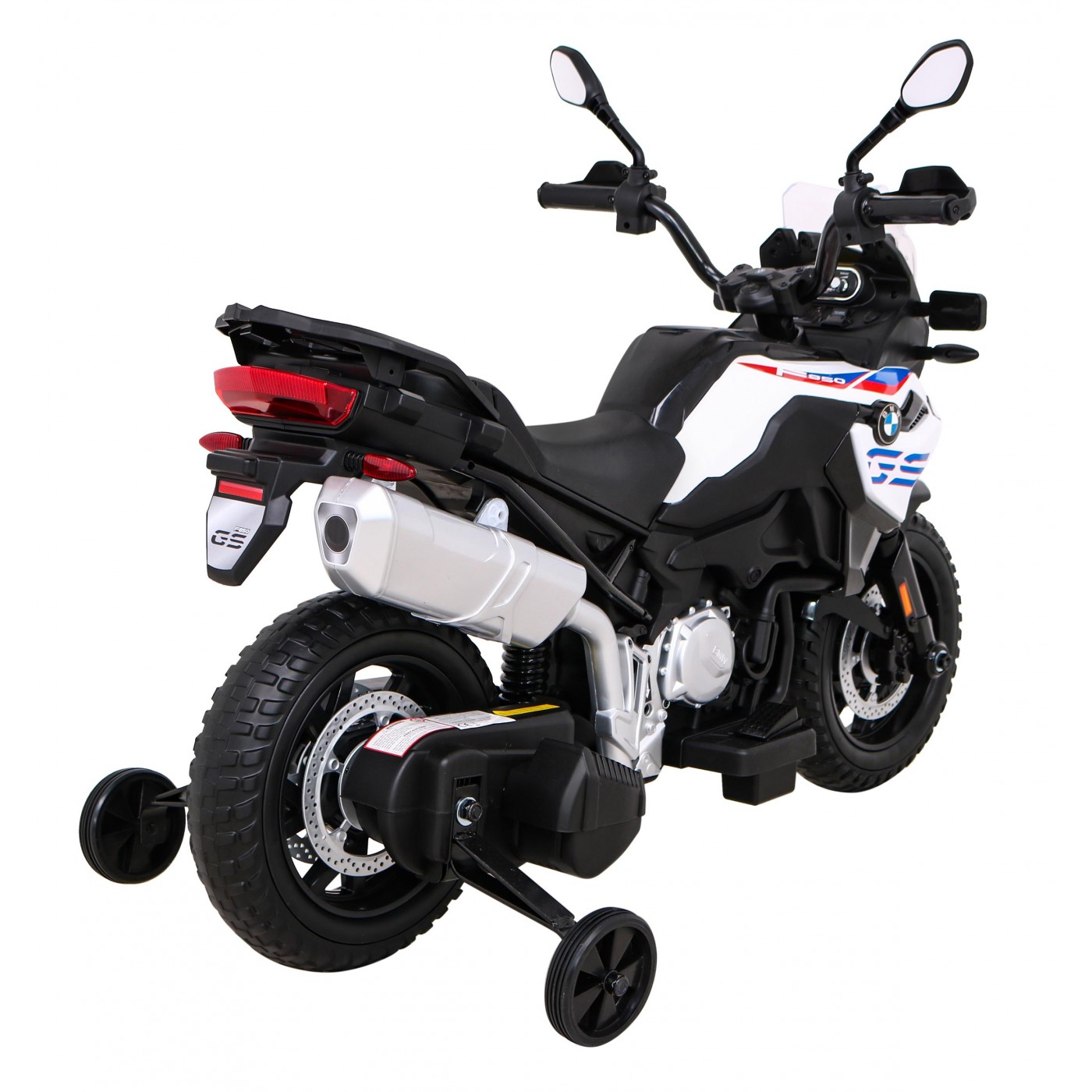 Dětský bateriový motor BMW F850 GS bílá + přídavná kola + audio LED + pomalý start + EVA