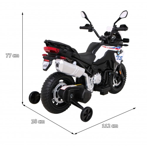 Dětský bateriový motor BMW F850 GS bílá + přídavná kola + audio LED + pomalý start + EVA
