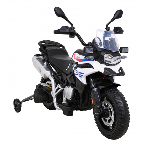 Dětský bateriový motor BMW F850 GS bílá + přídavná kola + audio LED + pomalý start + EVA