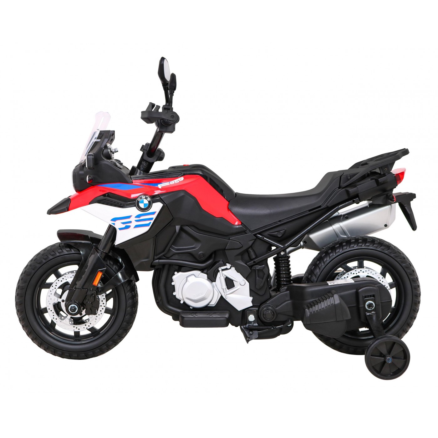 Dětský bateriový motor BMW F850 GS červený + přídavná kola + audio LED + pomalý start + EVA