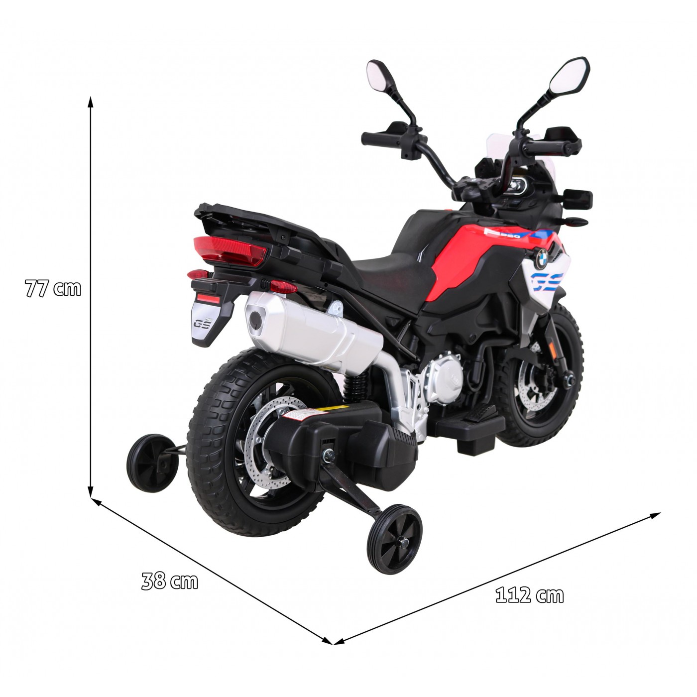 Dětský bateriový motor BMW F850 GS červený + přídavná kola + audio LED + pomalý start + EVA