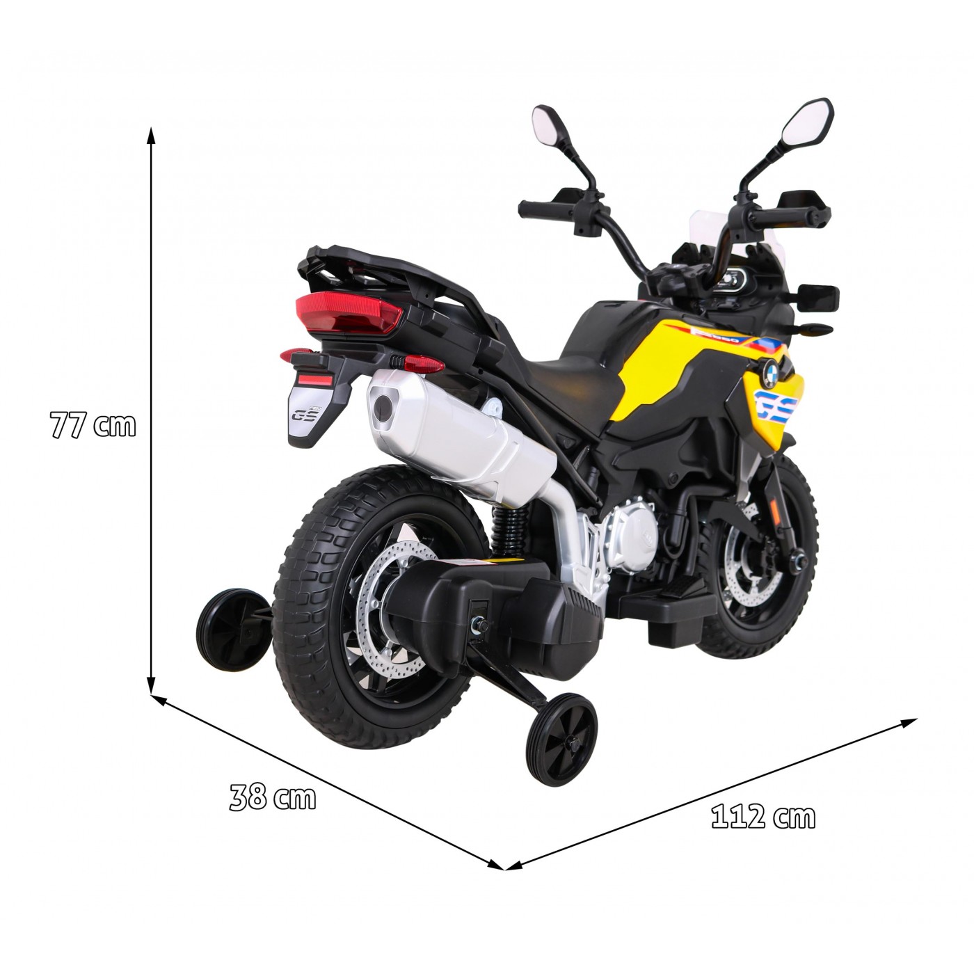 Motor BMW F850 GS na baterii pro děti Žlutá + Pomocná kola + Audio LED + Pomalý start + EVA
