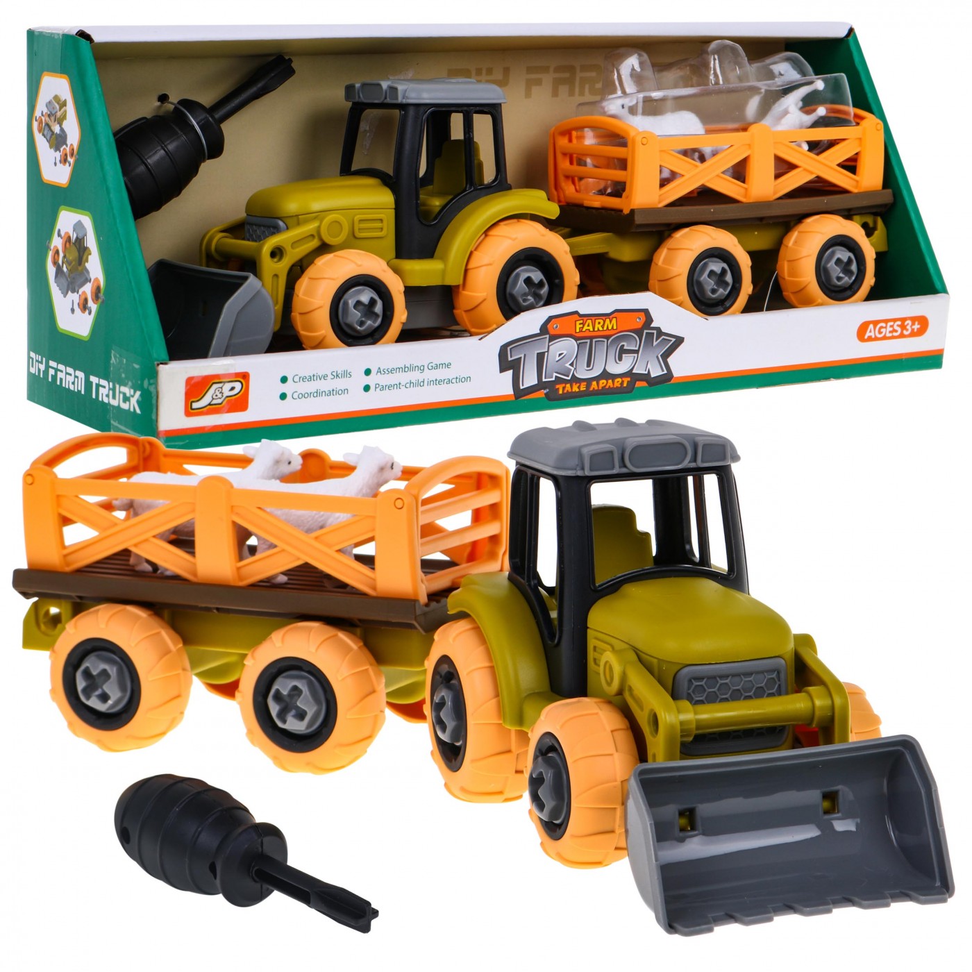 Rozkládací traktor se lžící a přívěsem + šroubovák + ovečky Hračka pro děti 3+