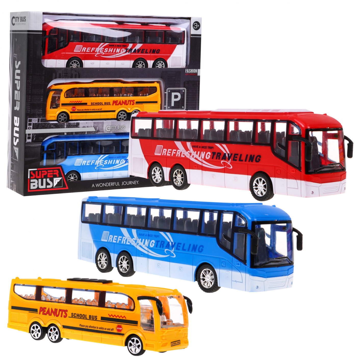 3 modely dětských autobusů 3+ školní autobus + vyhlídkové autobusy + živé barvy