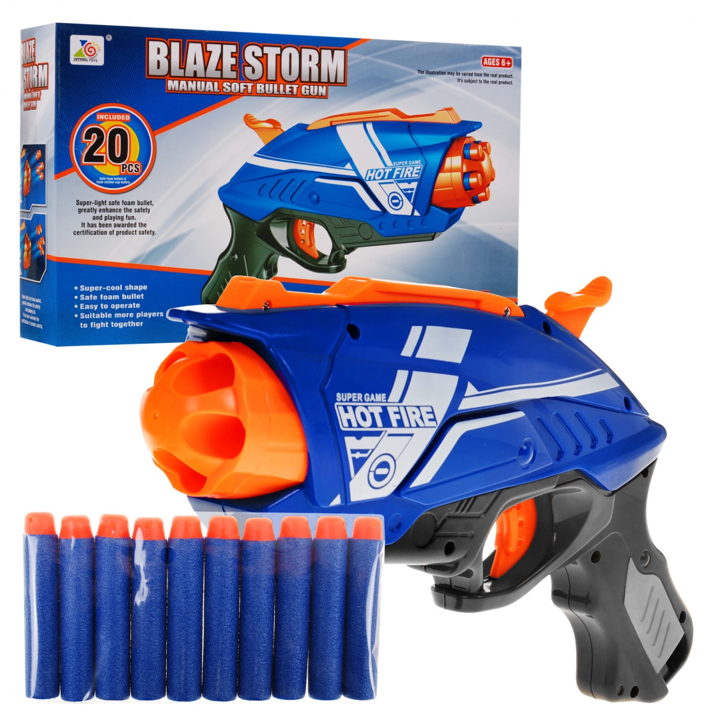Ruční dětská pistole 6+ mechanismus pružiny Blaze Storm + 20 dlouhých pěnových kuliček