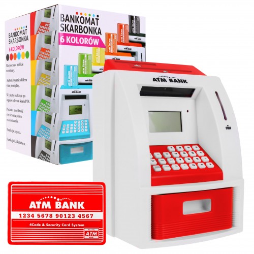 Bankomat pokladnička pro děti 3+ červené interaktivní funkce + Karta do bankomatu