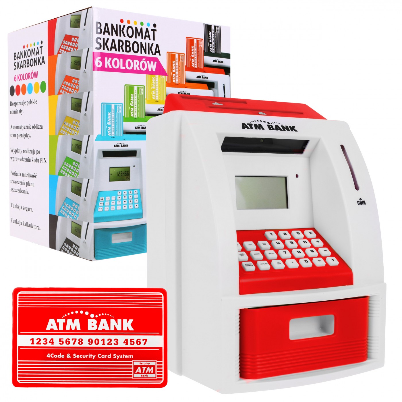 Bankomat pokladnička pro děti 3+ červené interaktivní funkce + Karta do bankomatu