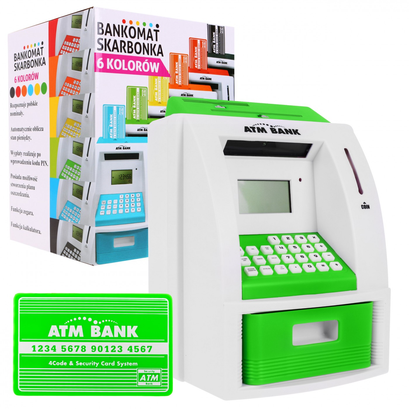 Bankomat pokladnička pro děti 3+ zelené interaktivní funkce + Karta do bankomatu
