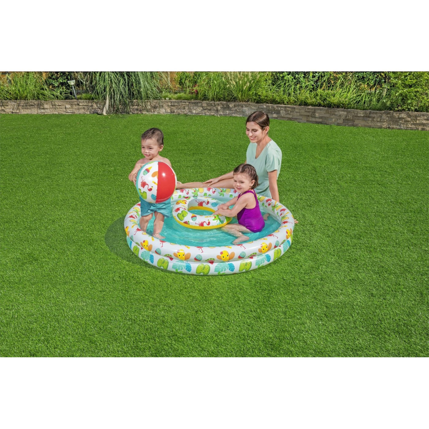 Nafukovací dětský bazén 3v1 122x20cm tropický BESTWAY + Kruh na plavání + Plážový míč