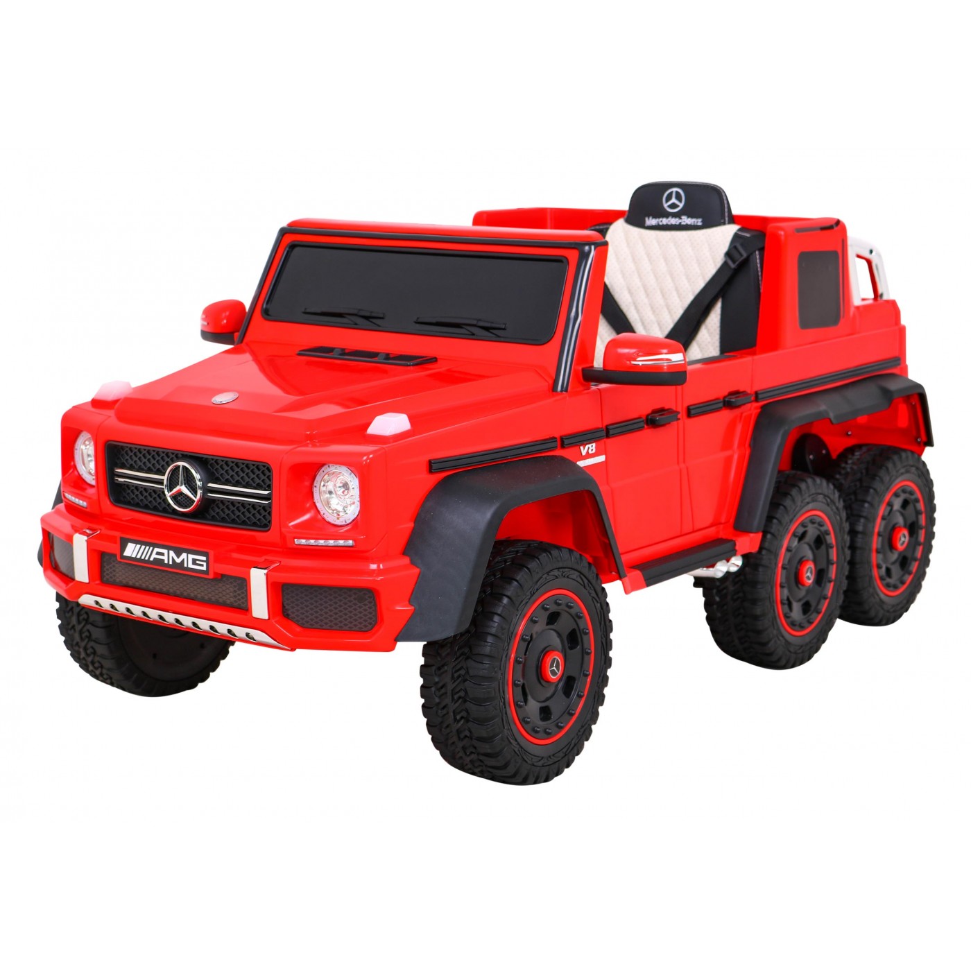 Autobaterie Mercedes G63 AMG červená + dálkové ovládání + 6 kol EVA + pomalý start + MP3 LED
