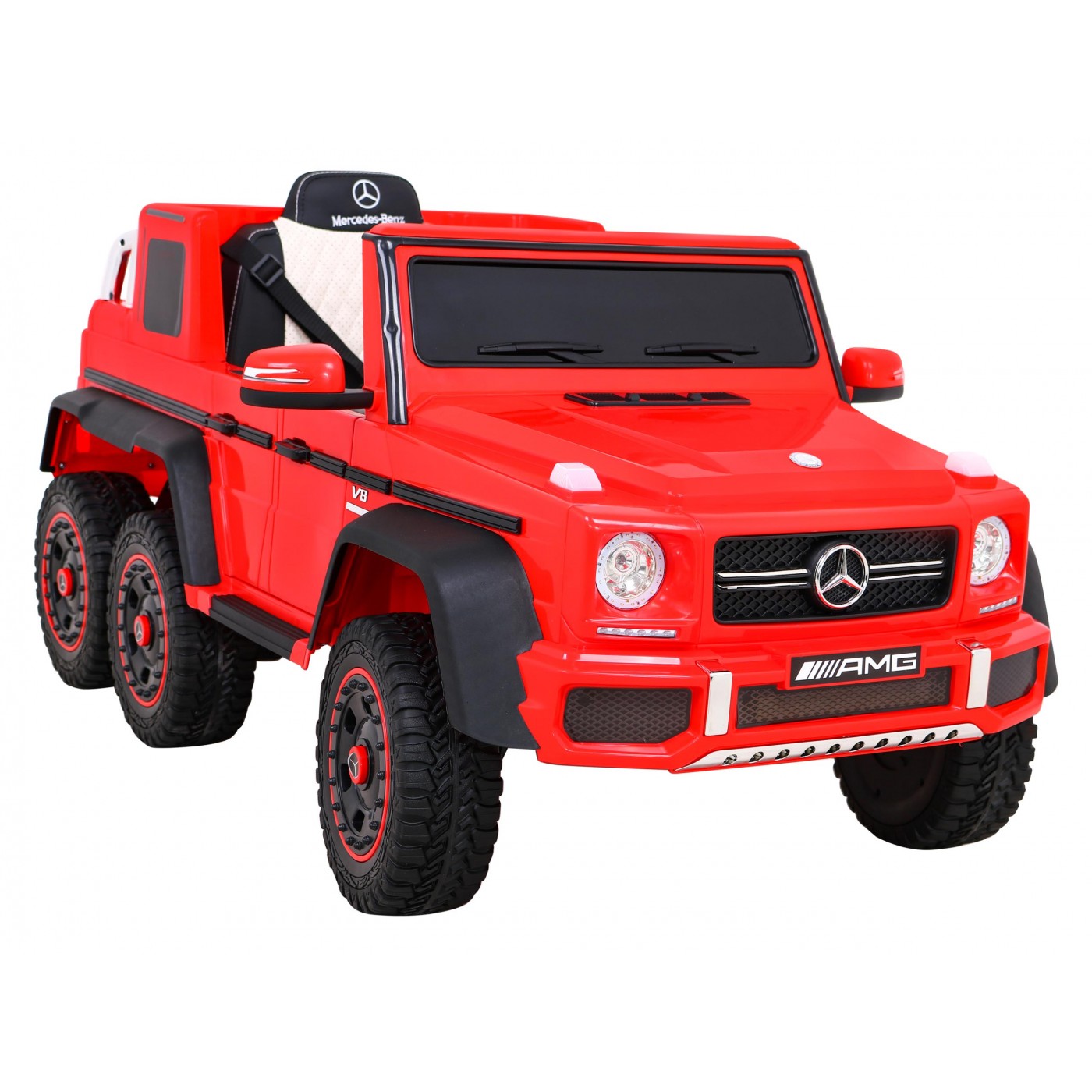 Autobaterie Mercedes G63 AMG červená + dálkové ovládání + 6 kol EVA + pomalý start + MP3 LED