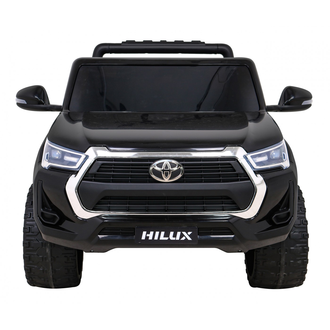 Dětská baterie Toyota Hilux černá + 4x4 + dálkové ovládání + 2 nosiče zavazadel + MP3 rádio + LED