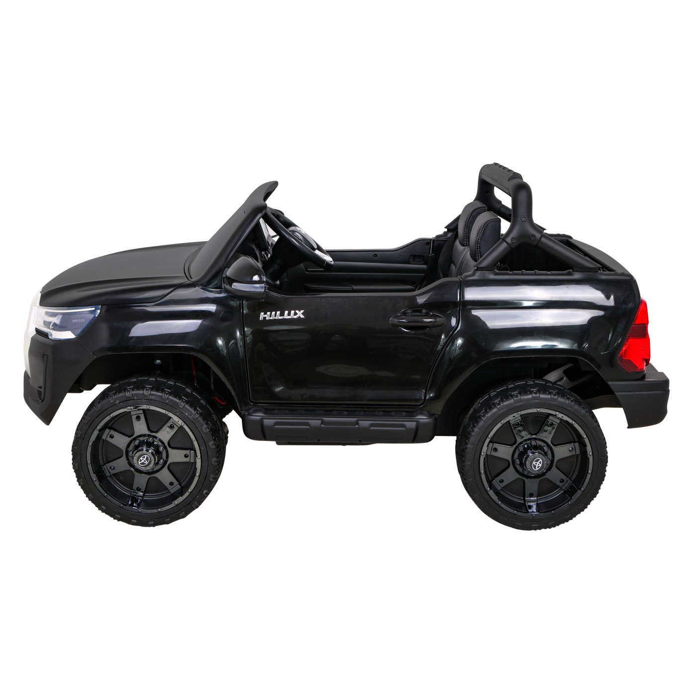 Dětská baterie Toyota Hilux černá + 4x4 + dálkové ovládání + 2 nosiče zavazadel + MP3 rádio + LED