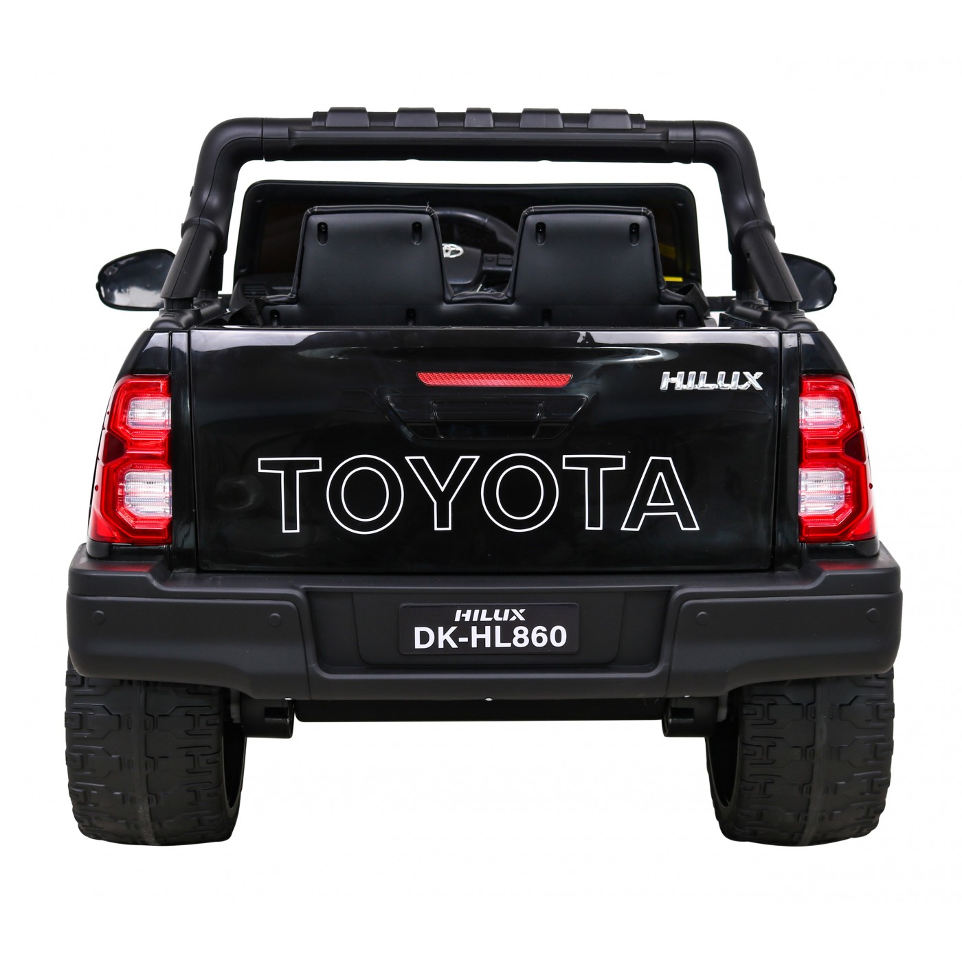 Dětská baterie Toyota Hilux černá + 4x4 + dálkové ovládání + 2 nosiče zavazadel + MP3 rádio + LED