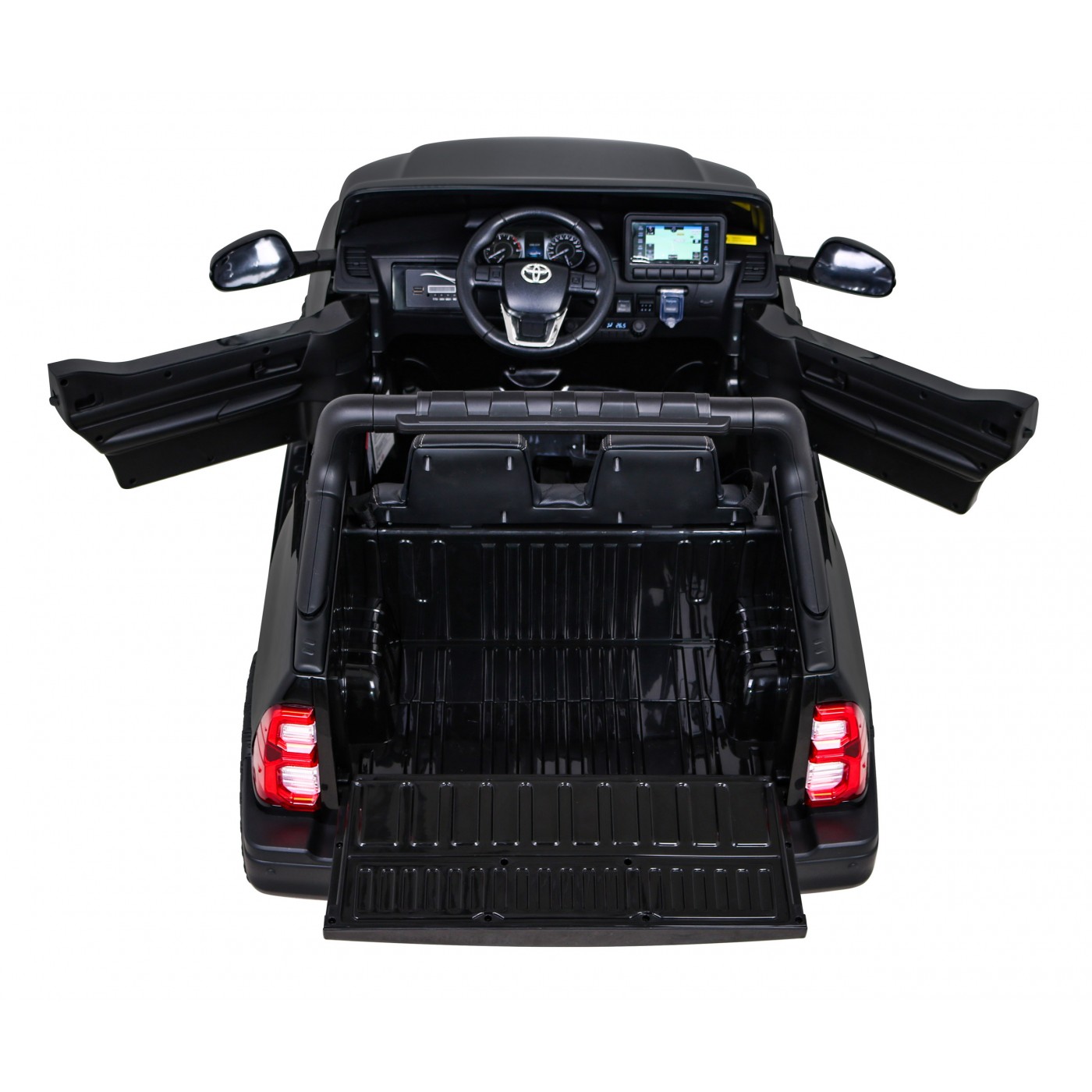 Dětská baterie Toyota Hilux černá + 4x4 + dálkové ovládání + 2 nosiče zavazadel + MP3 rádio + LED